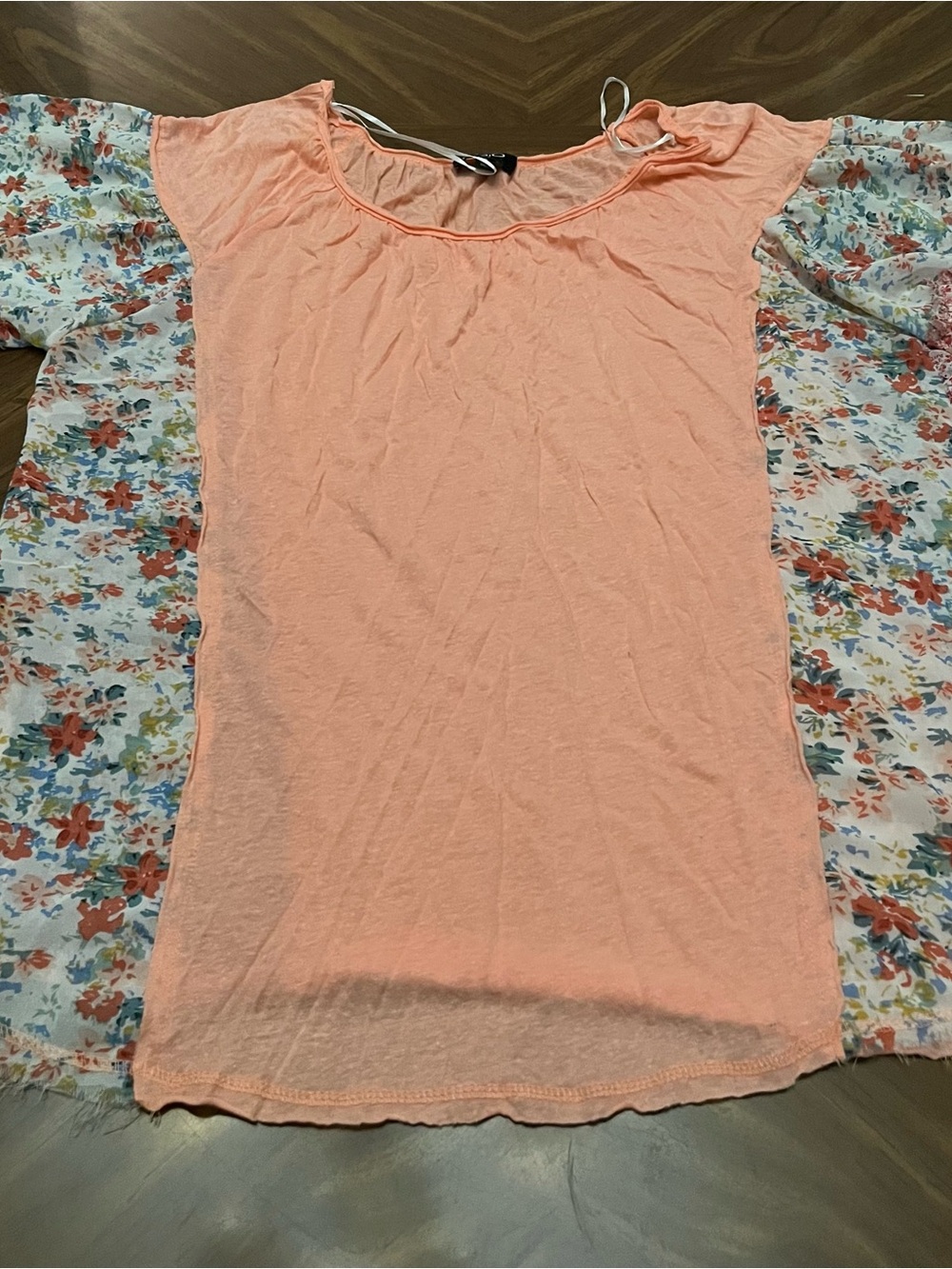 Women's Peach Short-Sleeve Tunic with Floral Sleeves